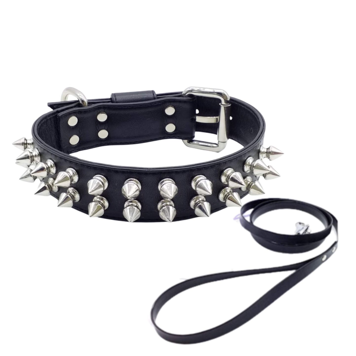 Collar and Leash Set in Eco-Leather with Double Round of Studs