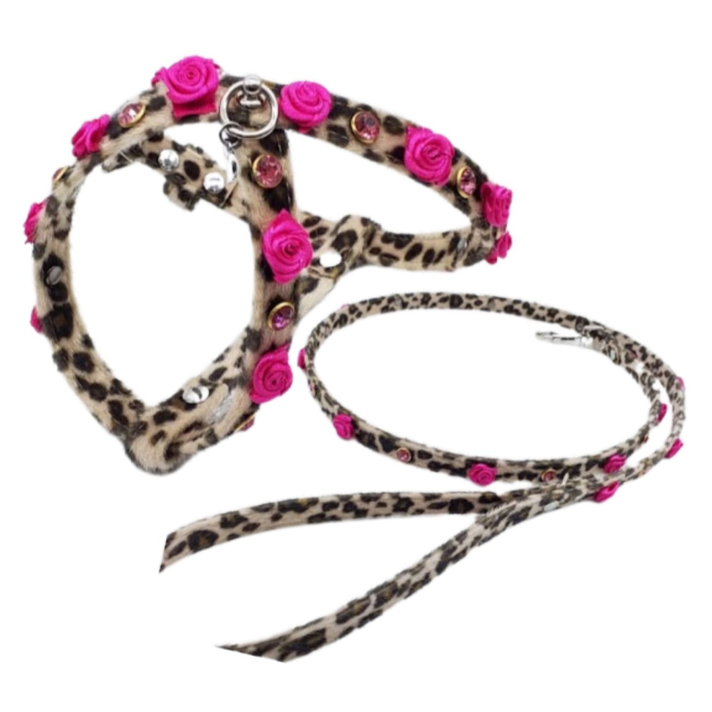 Harness and Leash Set in Animal Print Eco-Leather with Rouches